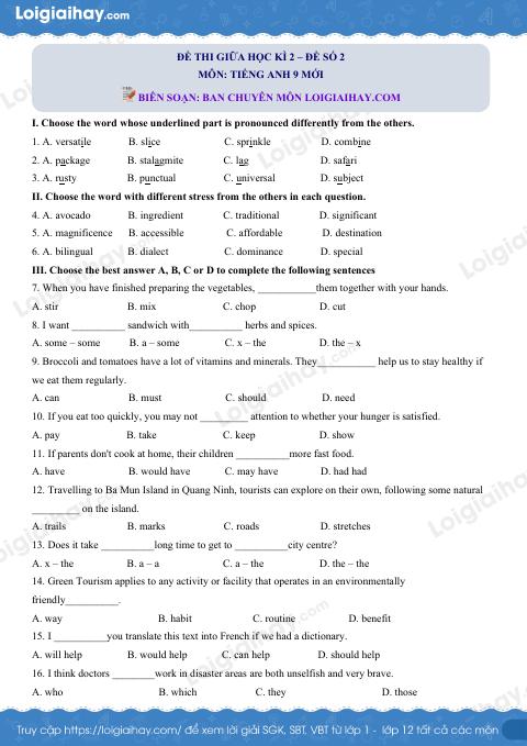 Đề số 2 - Đề kiểm tra giữa kì 2 - Tiếng Anh 9 mới